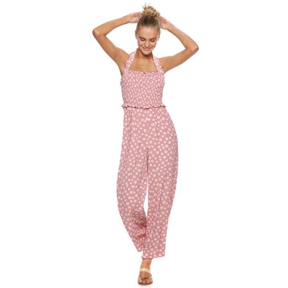 Candie's Pants - Candie's Women's Smocked Polka Dot Halter Jumpsuit